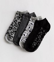 New Look 4 Pack Black and Grey Leopard Print Trainer Socks